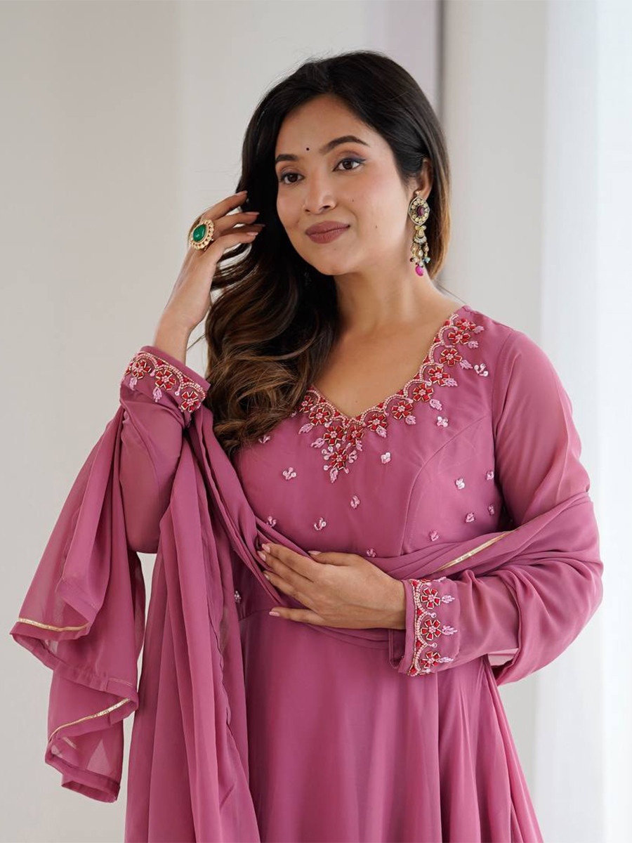 Pink Heavy Fox Georgette Embroidery Wedding Party Festival Casual Ready Anarkali Palazzo Pant Salwar Kameez