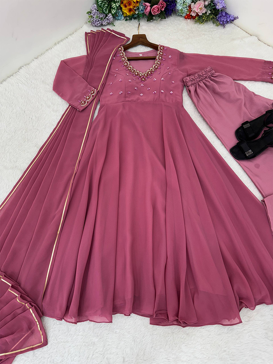 Pink Heavy Fox Georgette Embroidery Wedding Party Festival Casual Ready Anarkali Palazzo Pant Salwar Kameez