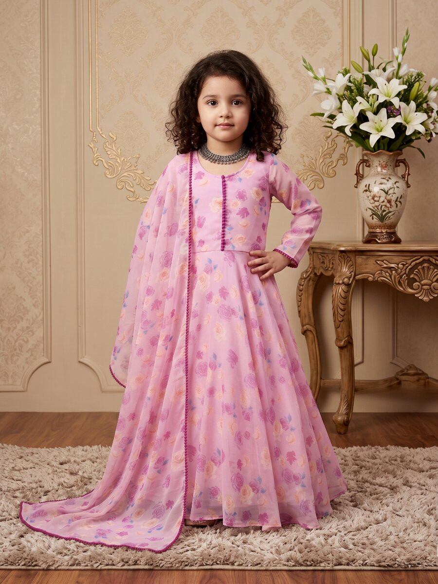 Pink Heavy Fox Georgette Printed Ethnic Casual Festival Party Wedding Gown