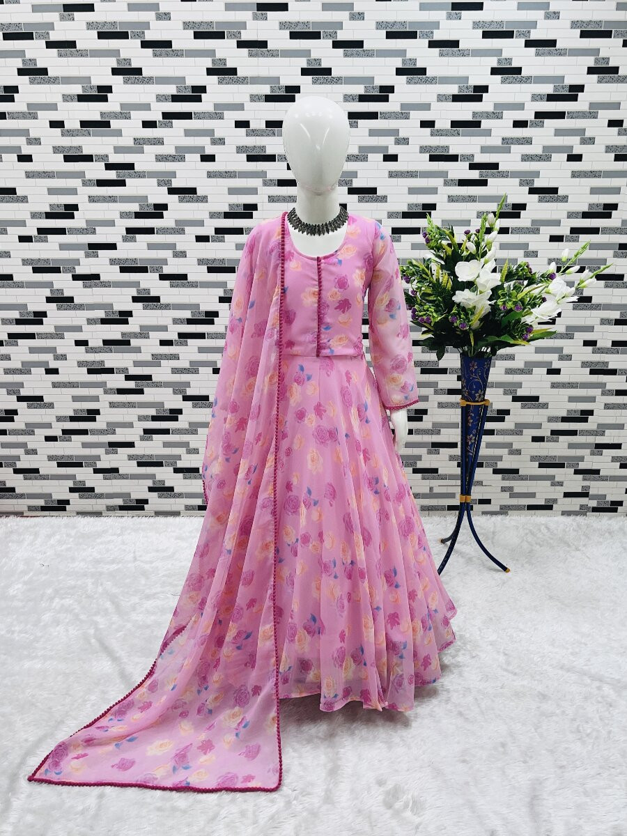 Pink Heavy Fox Georgette Printed Ethnic Casual Festival Party Wedding Gown