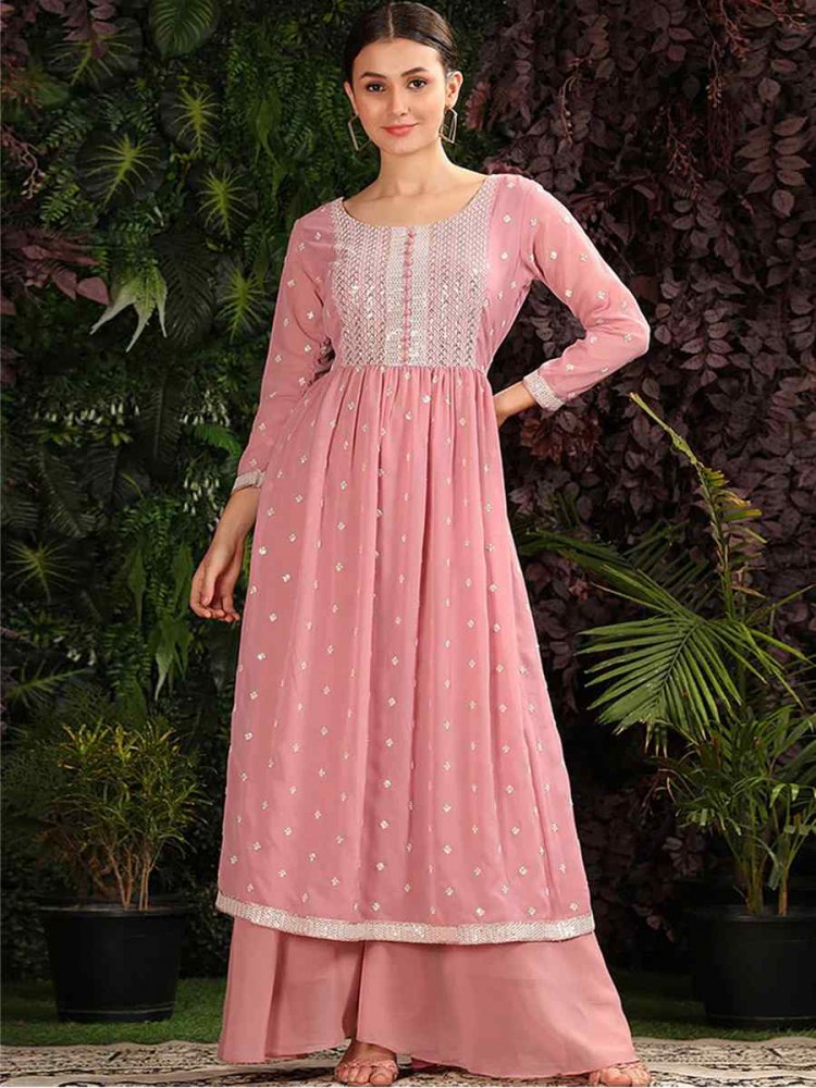 Pink Heavy Georgette Embroidered Festival Mehendi Ready Palazzo Pant Salwar Kameez