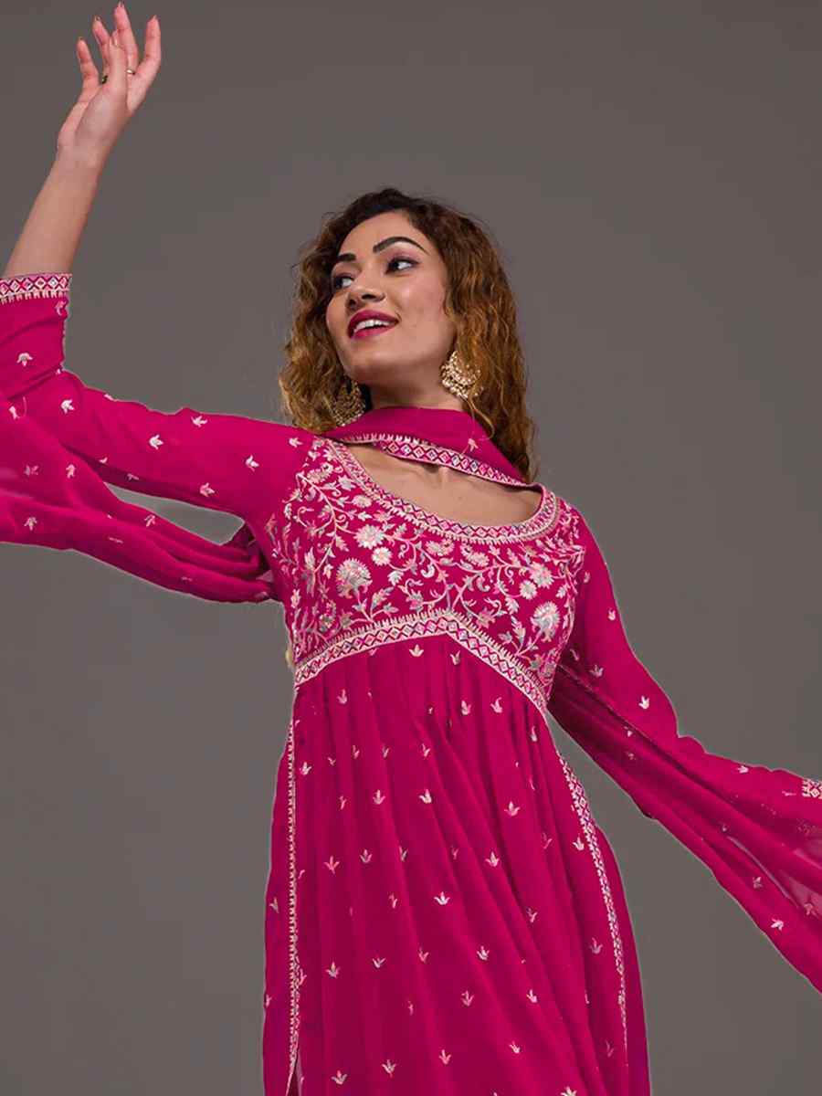 Pink Heavy Georgette Embroidered Festival Mehendi Ready Sharara Pant Salwar Kameez