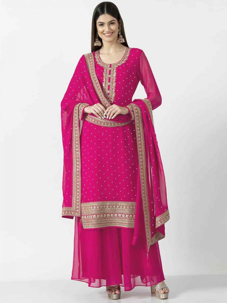 Pink Heavy Georgette Embroidered Festival Party Ready Palazzo Pant Salwar Kameez