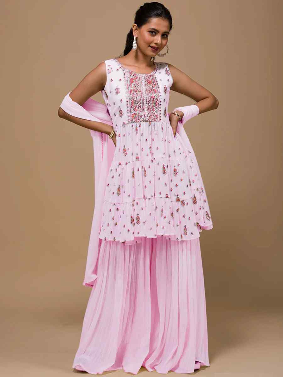 Pink Heavy Georgette Embroidered Festival Wedding Palazzo Pant Salwar Kameez
