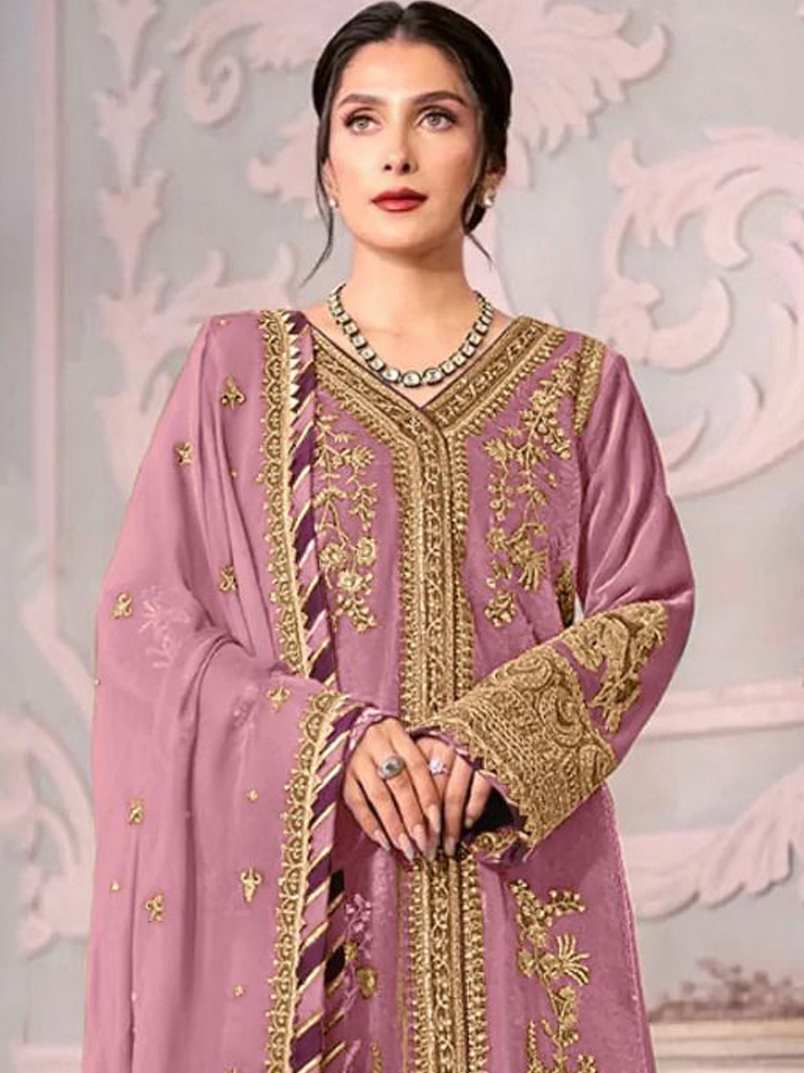 Pink Heavy Georgette Embroidered Festival Wedding Pant Salwar Kameez
