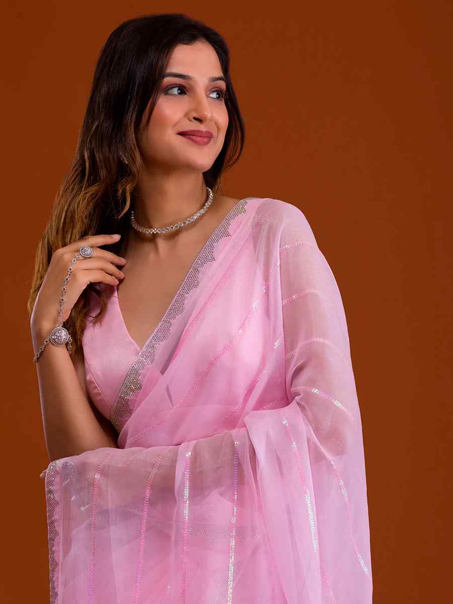 Pink Heavy Georgette Handwoven Party Festival Classic Style Saree