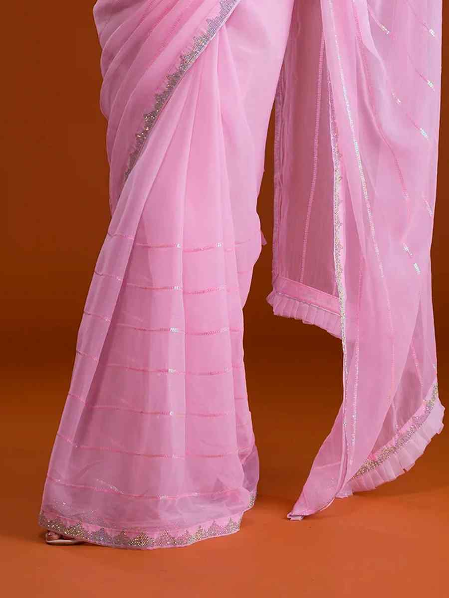 Pink Heavy Georgette Handwoven Party Festival Classic Style Saree