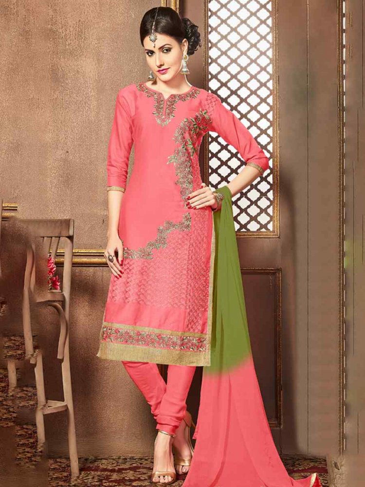 Pink Heavy Glass Cotton Embroidered Casual Festival Churidar Salwar Kameez