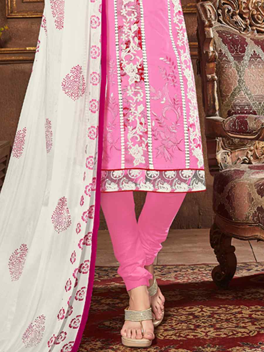 Pink Heavy Glass Cotton Embroidered Casual Festival Churidar Salwar Kameez