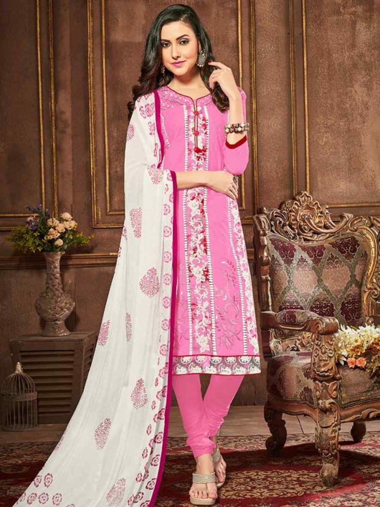 Pink Heavy Glass Cotton Embroidered Casual Festival Churidar Salwar Kameez