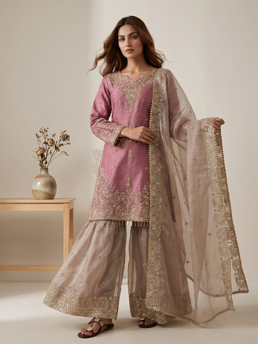 Pink Heavy Gmy Silk Embroidery Sequins Rivet Moti Work Wedding Party Festival Casual Ready Sharara Pant Salwar Kameez