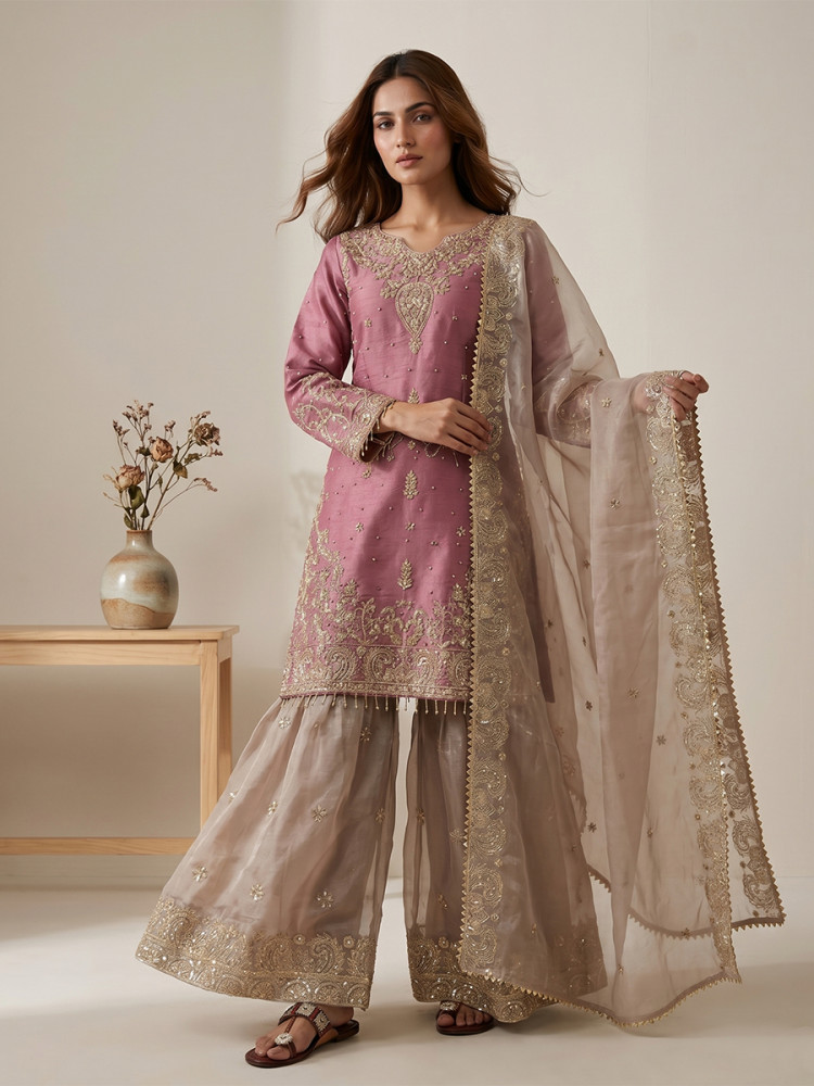 Image of Pink Heavy Gmy Silk Embroidery Sequins Rivet Moti Work Wedding Party Festival Casual Ready Sharara Pant Salwar Kameez