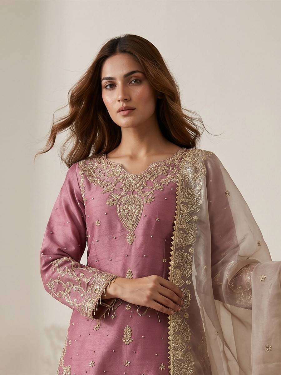 Pink Heavy Gmy Silk Embroidery Sequins Rivet Moti Work Wedding Party Festival Casual Ready Sharara Pant Salwar Kameez