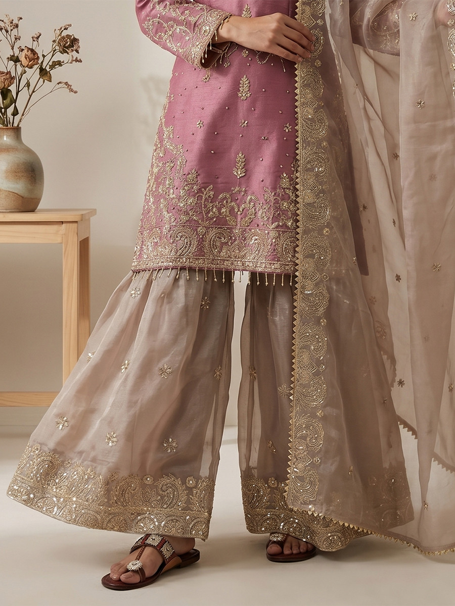 Pink Heavy Gmy Silk Embroidery Sequins Rivet Moti Work Wedding Party Festival Casual Ready Sharara Pant Salwar Kameez