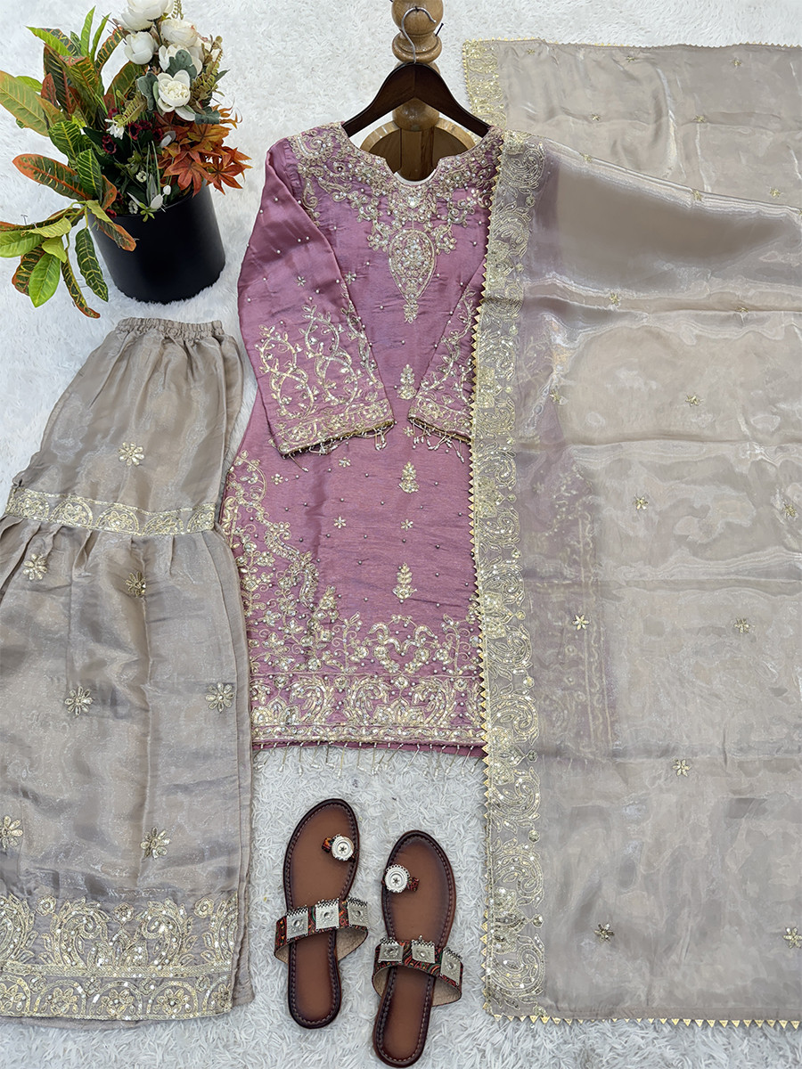 Pink Heavy Gmy Silk Embroidery Sequins Rivet Moti Work Wedding Party Festival Casual Ready Sharara Pant Salwar Kameez