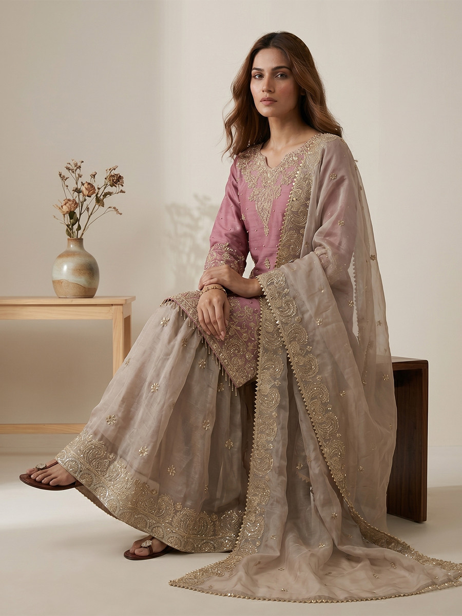Pink Heavy Gmy Silk Embroidery Sequins Rivet Moti Work Wedding Party Festival Casual Ready Sharara Pant Salwar Kameez