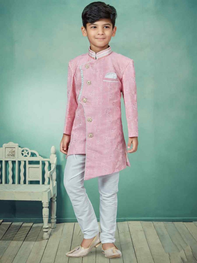 Pink Heavy Jacquard Embroidered Party Festival Kurta Pyjama Boys Wear