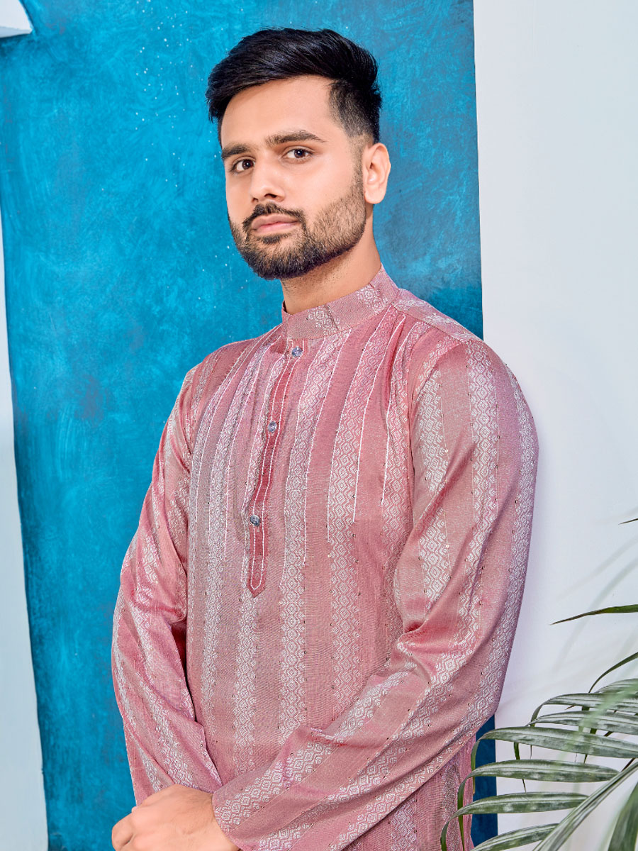 Pink Heavy Jacquard Silk Woven Festival Party Kurta