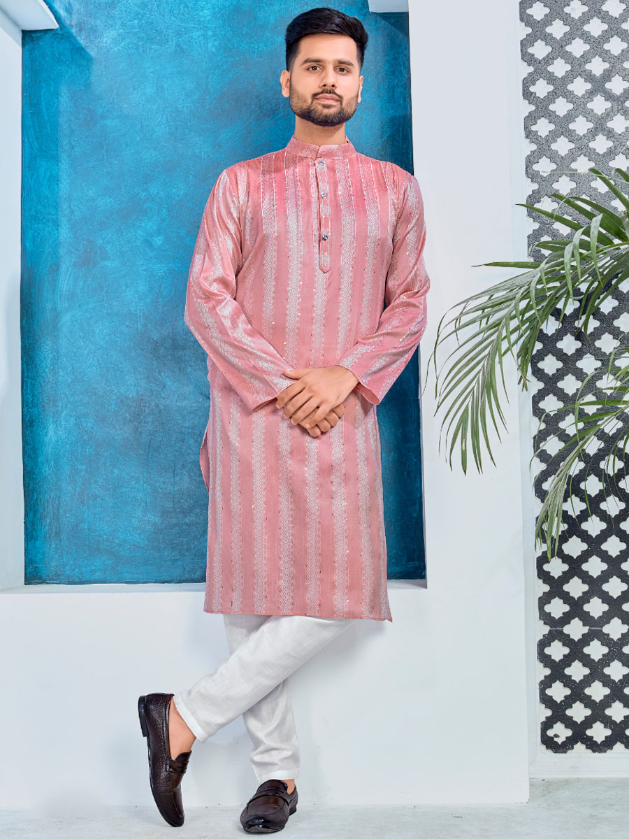 Pink Heavy Jacquard Silk Woven Festival Party Kurta