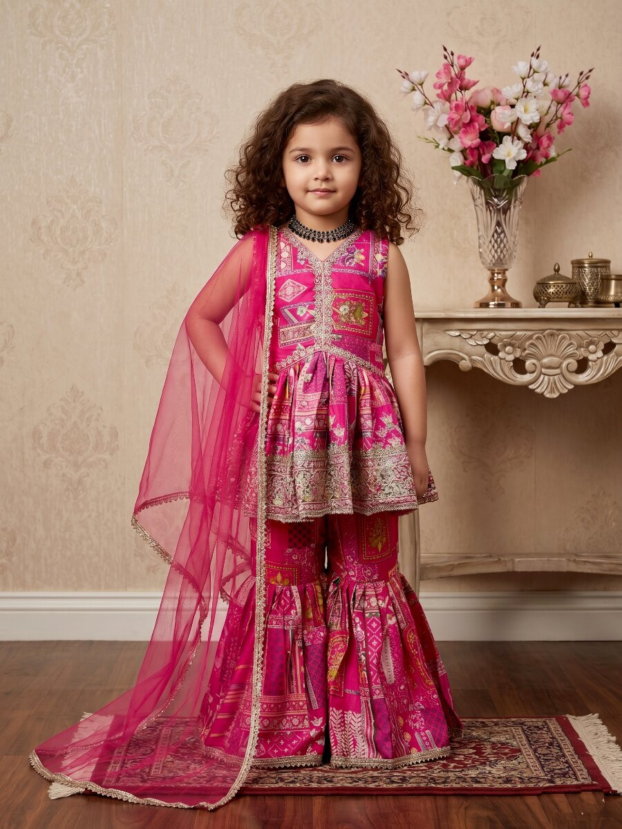 Pink Heavy japan satin Embroidered Sequins Printed Ethnic Casual Festival Party Wedding Kurta Sharara Girls Wear