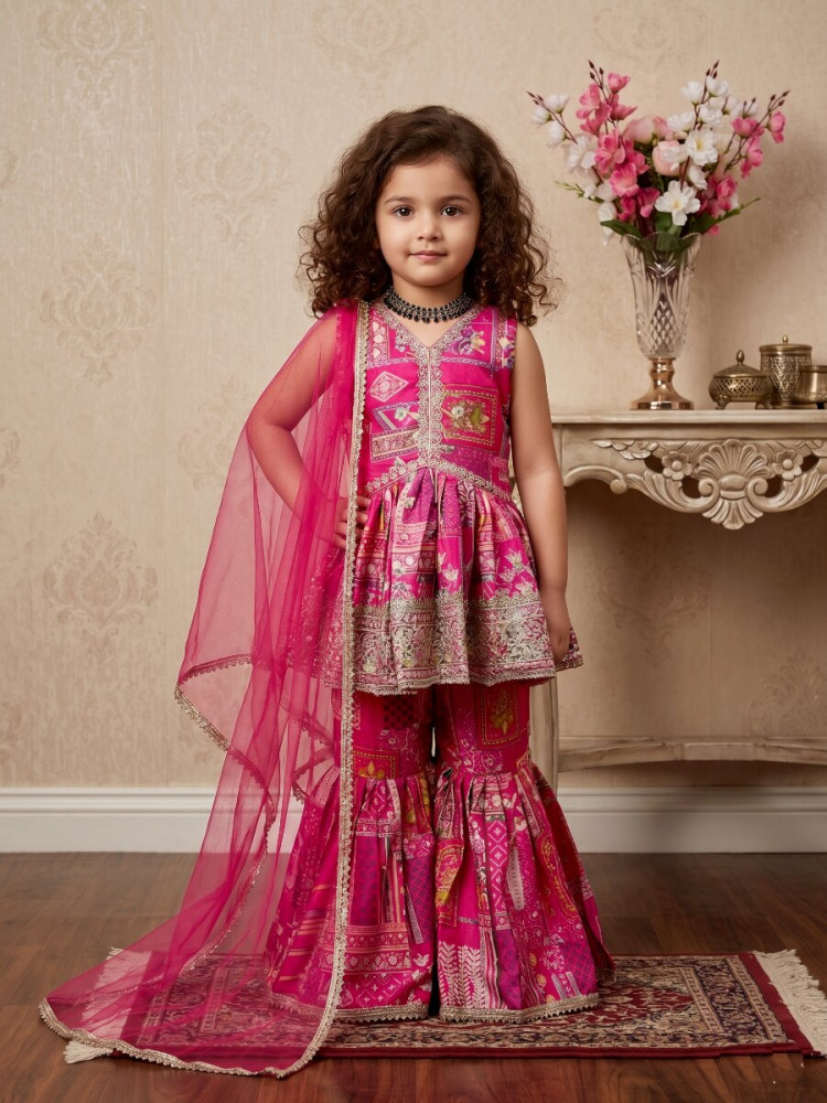 Image of Pink Heavy japan satin Embroidered Sequins Printed Ethnic Casual Festival Party Wedding Kurta Sharara Girls Wear