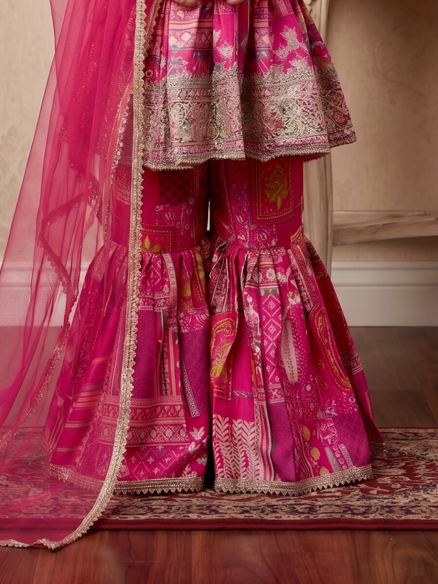 Pink Heavy japan satin Embroidered Sequins Printed Ethnic Casual Festival Party Wedding Kurta Sharara Girls Wear