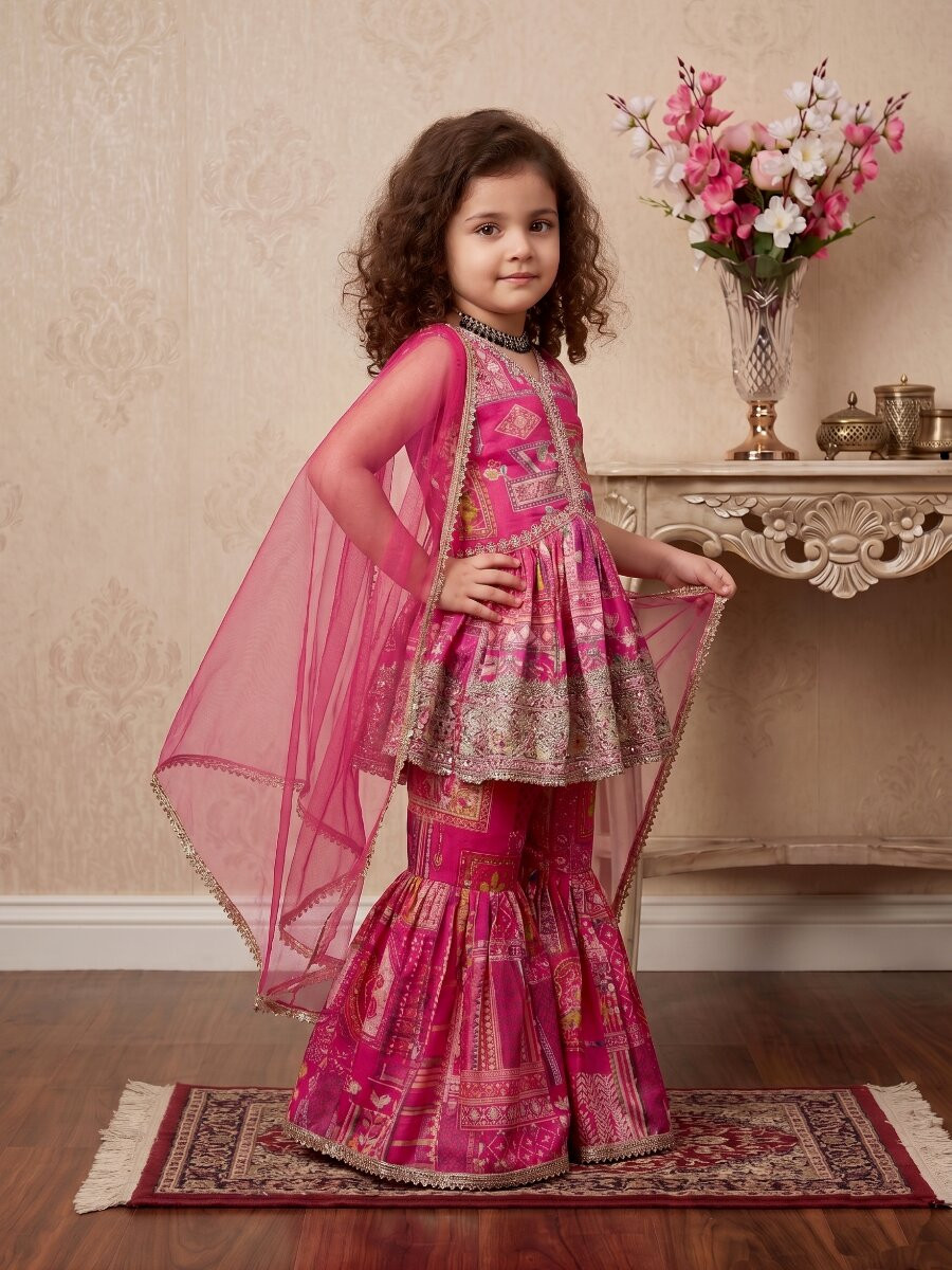 Pink Heavy japan satin Embroidered Sequins Printed Ethnic Casual Festival Party Wedding Kurta Sharara Girls Wear