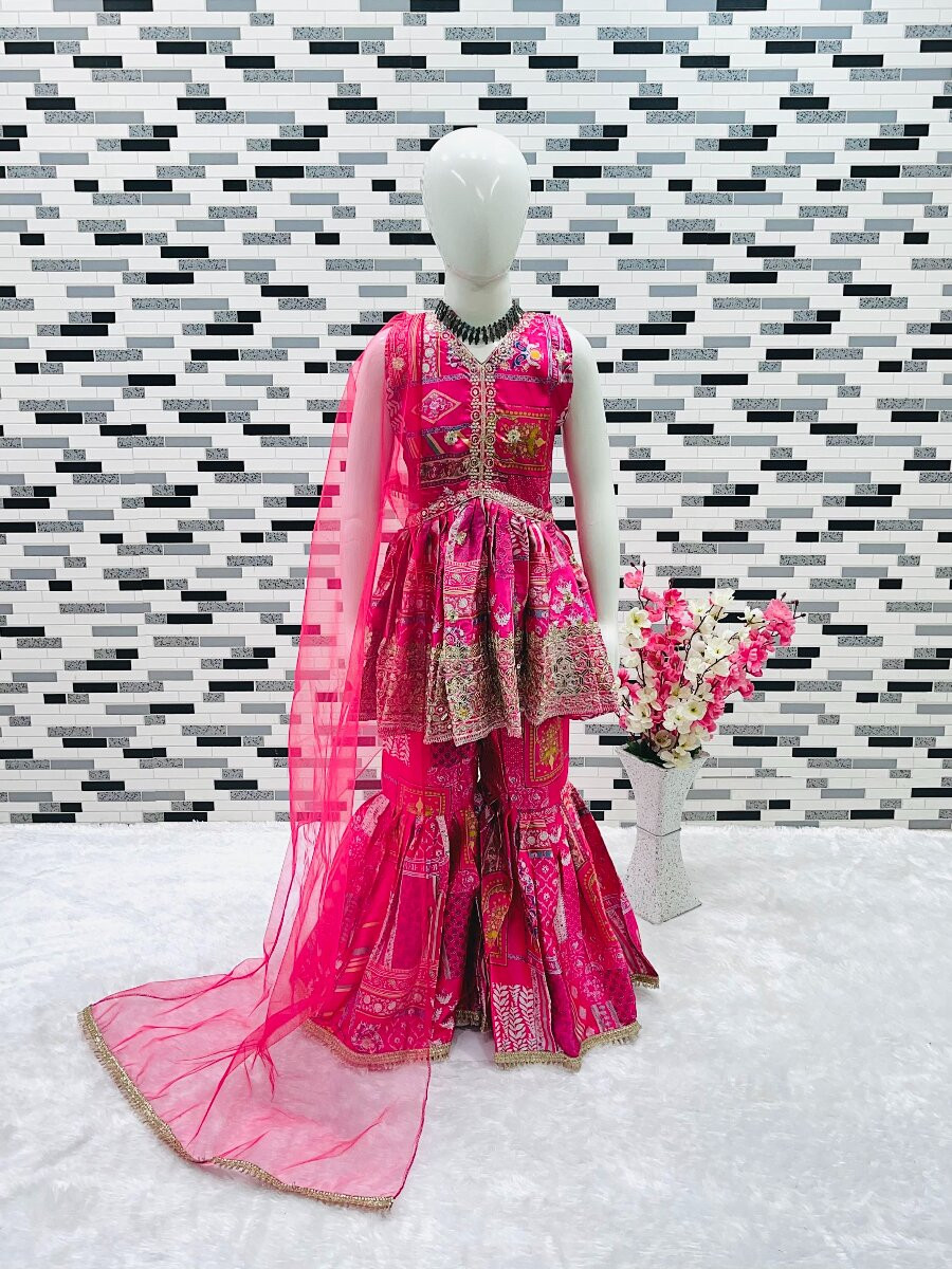 Pink Heavy japan satin Embroidered Sequins Printed Ethnic Casual Festival Party Wedding Kurta Sharara Girls Wear