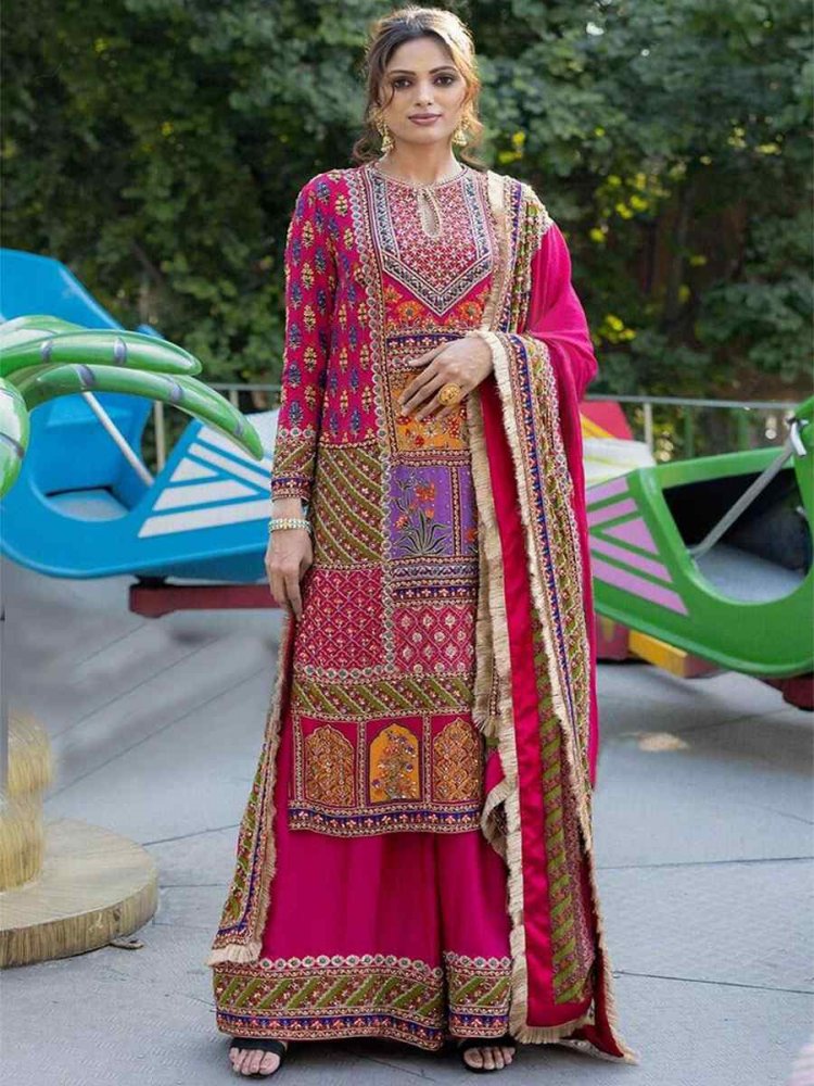 Pink Heavy Muslin Printed Mehendi Wedding Ready Palazzo Pant Salwar Kameez
