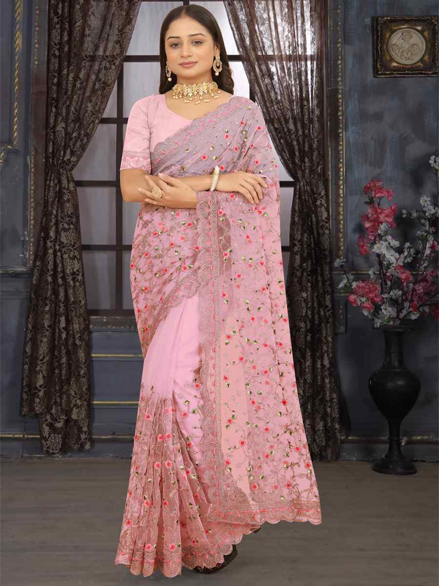 Pink Heavy Net Embroidered Party Festival Heavy Border Saree