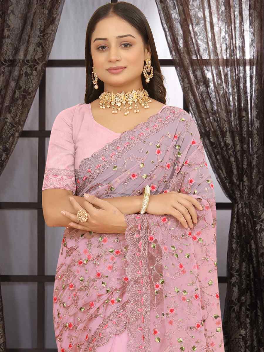 Pink Heavy Net Embroidered Party Festival Heavy Border Saree