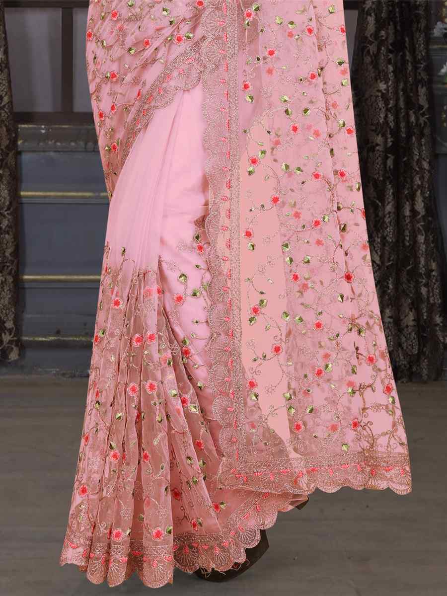 Pink Heavy Net Embroidered Party Festival Heavy Border Saree