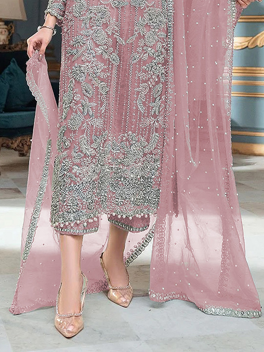 Pink Heavy Organza Embroidered Festival Party Pant Salwar Kameez