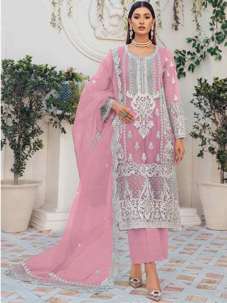 Pink Heavy Organza Embroidered Festival Party Pant Salwar Kameez