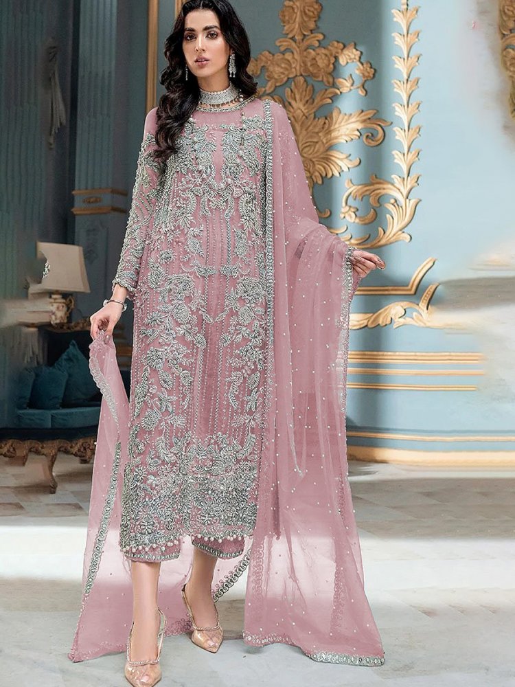 Pink Heavy Organza Embroidered Festival Party Pant Salwar Kameez