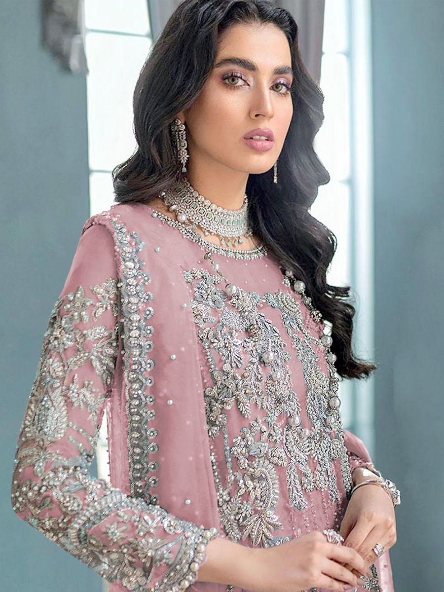 Pink Heavy Organza Embroidered Festival Party Pant Salwar Kameez