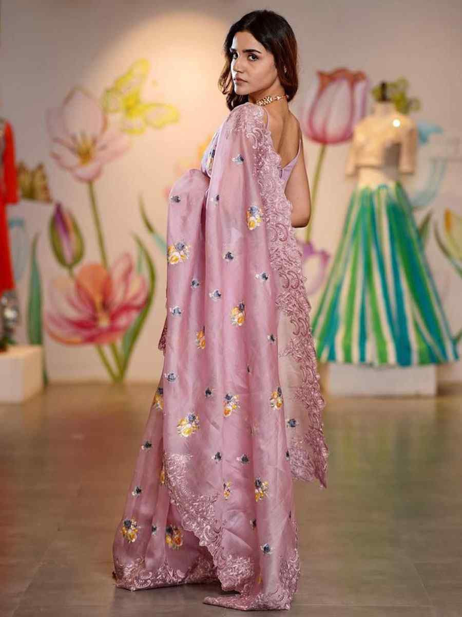 Pink Heavy Organza Embroidery Casual Reception Festival Wedding Fancy Classic Style Sarees