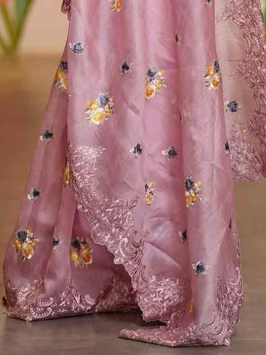 Pink Heavy Organza Embroidery Casual Reception Festival Wedding Fancy Classic Style Sarees