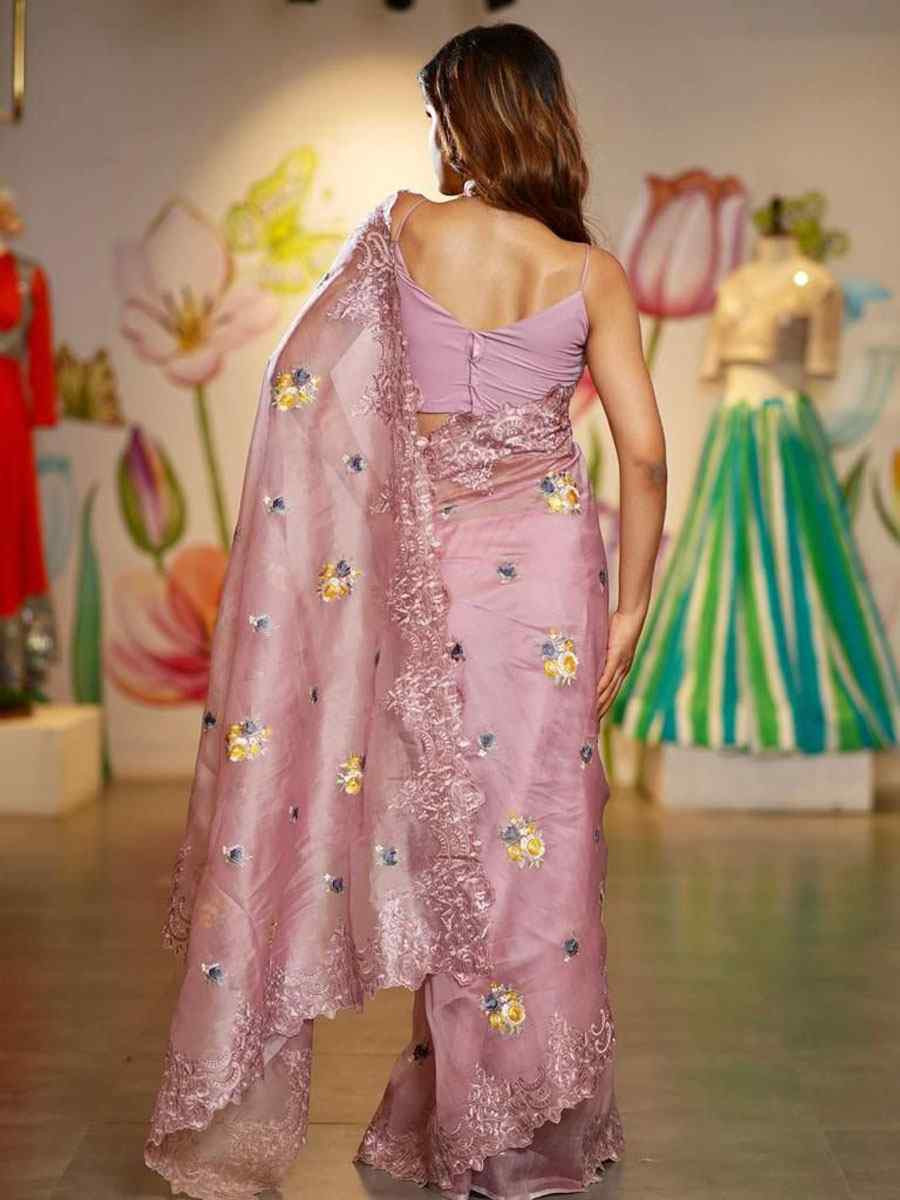Pink Heavy Organza Embroidery Casual Reception Festival Wedding Fancy Classic Style Sarees