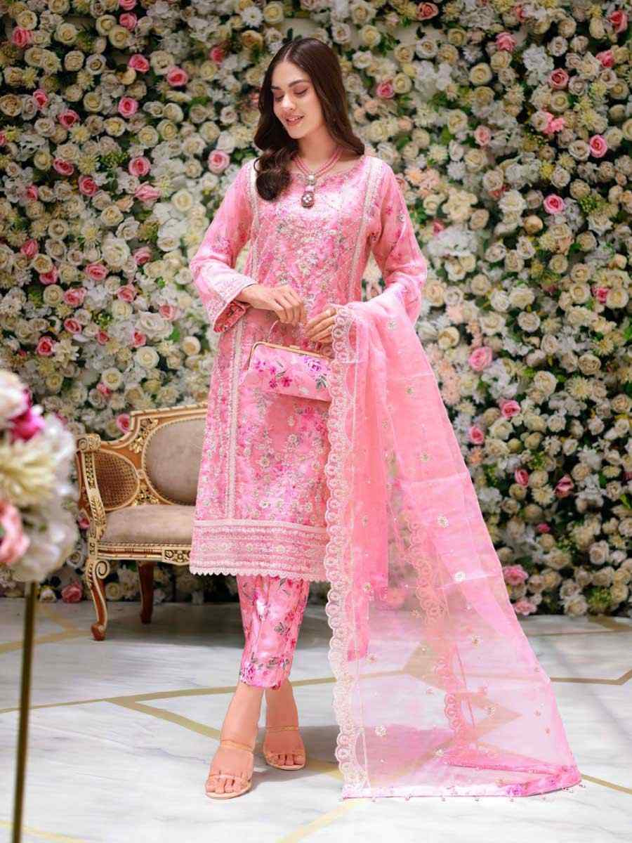 Pink Heavy Organza Silk Embroidered Festival Wedding Pant Salwar Kameez