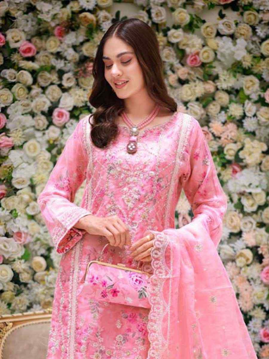 Pink Heavy Organza Silk Embroidered Festival Wedding Pant Salwar Kameez