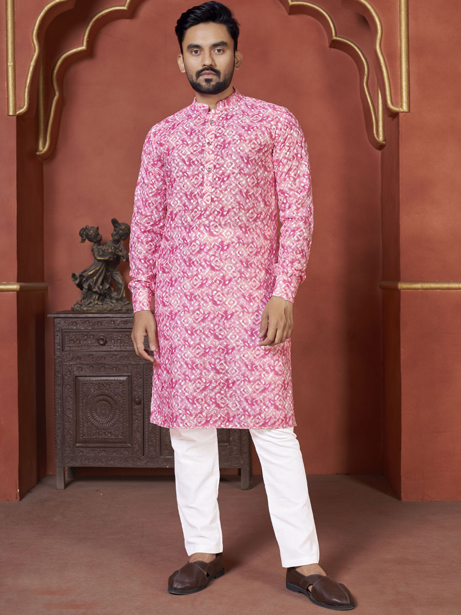 Pink Heavy PC Cotton Printed Festival Casual Kurta