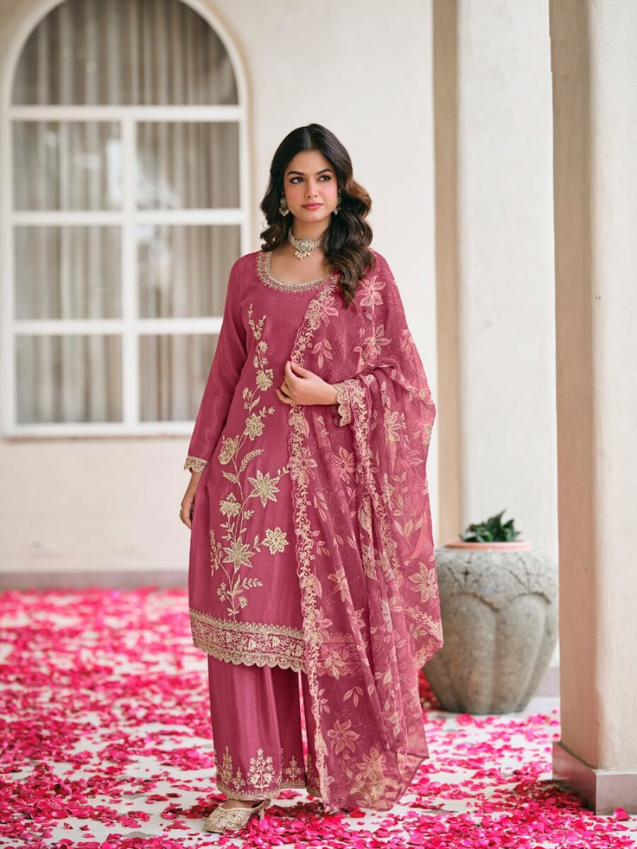 Pink Heavy Premium Chiffon Embroidery Wedding Party Festival Casual Palazzo Pant Salwar Kameez