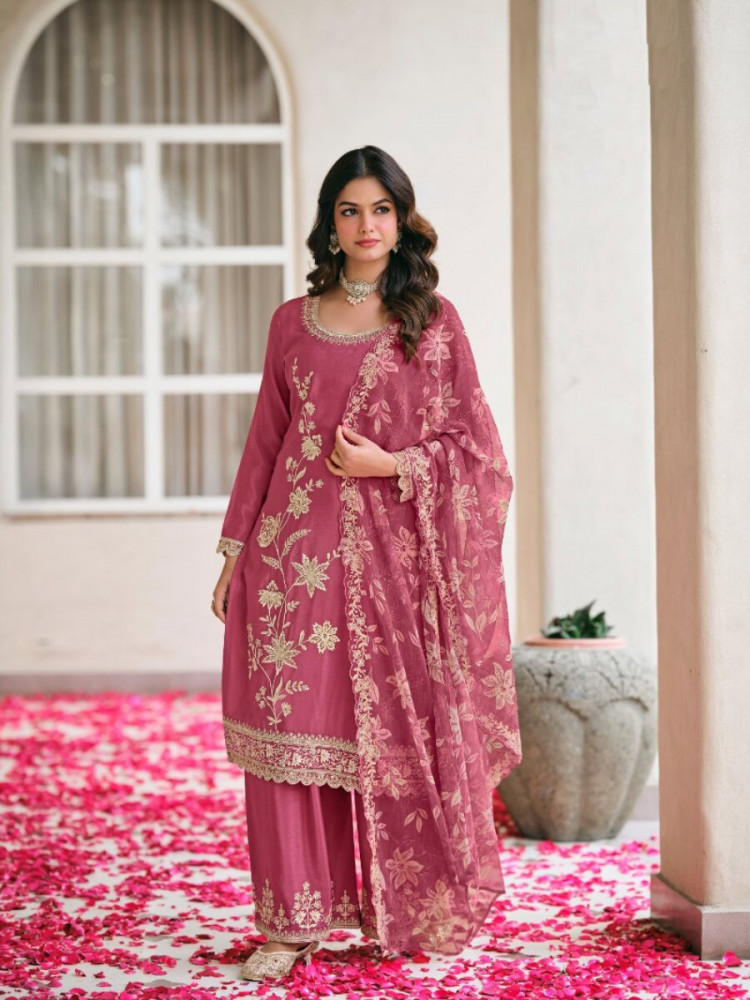 Image of Pink Heavy Premium Chiffon Embroidery Wedding Party Festival Casual Palazzo Pant Salwar Kameez