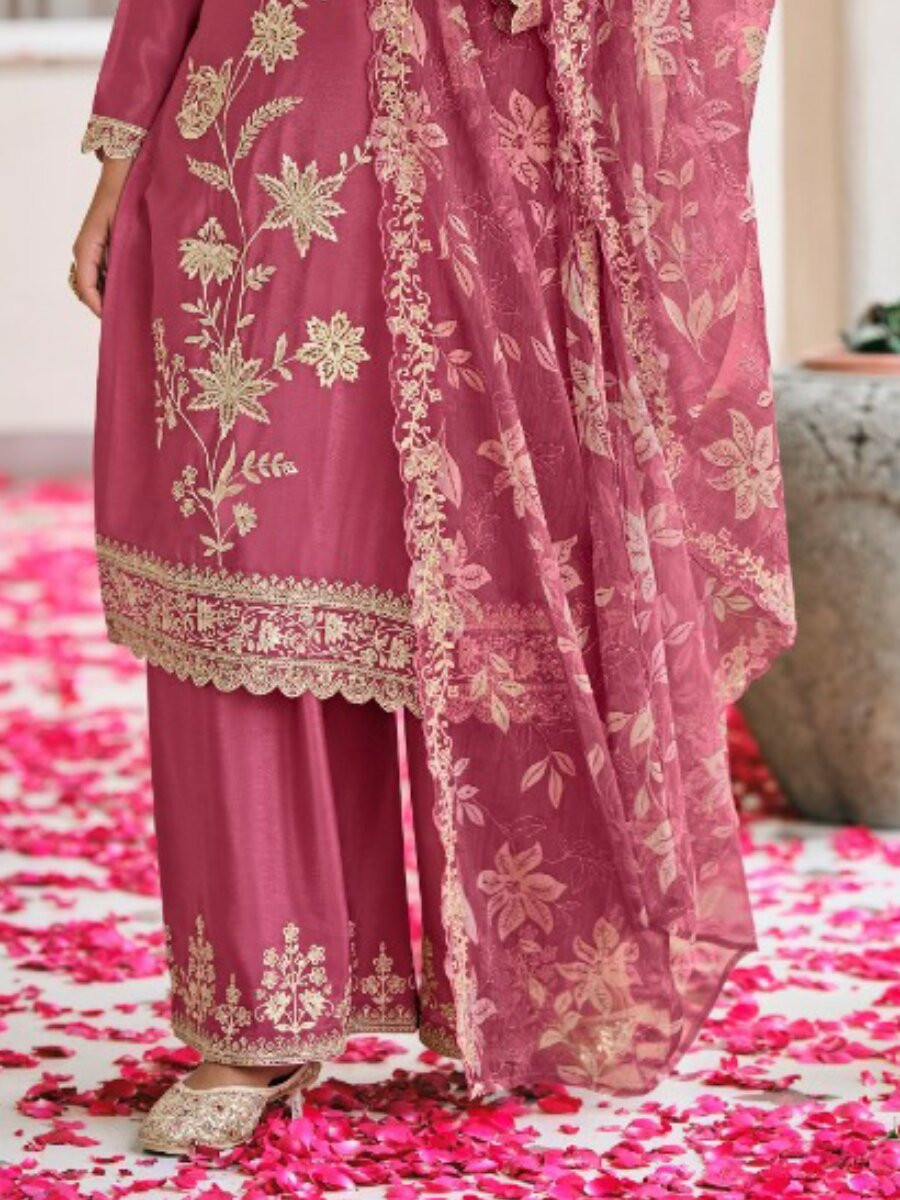 Pink Heavy Premium Chiffon Embroidery Wedding Party Festival Casual Palazzo Pant Salwar Kameez