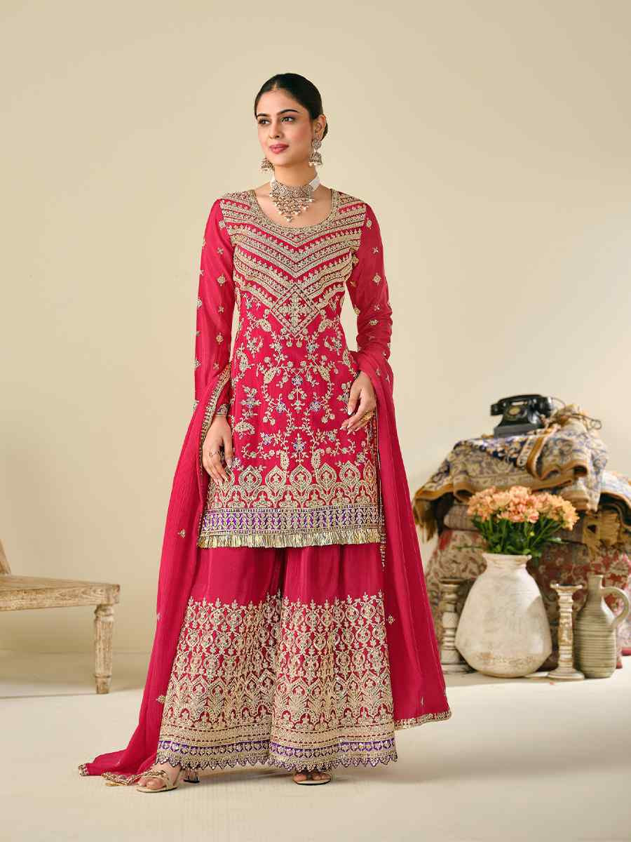 Pink Heavy Premium Chinon Embroidered Festive Wedding Ready Palazzo Pant Salwar Kameez