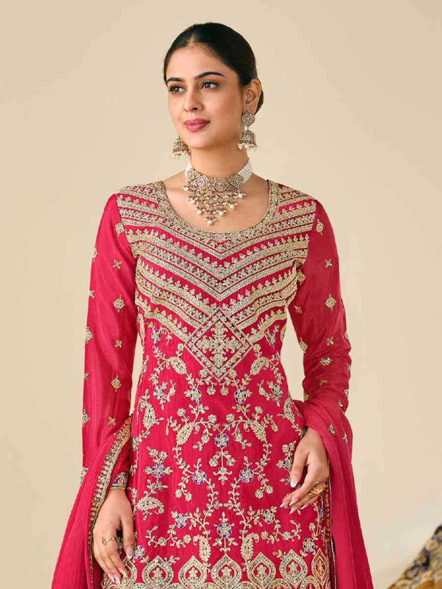 Pink Heavy Premium Chinon Embroidered Festive Wedding Ready Palazzo Pant Salwar Kameez