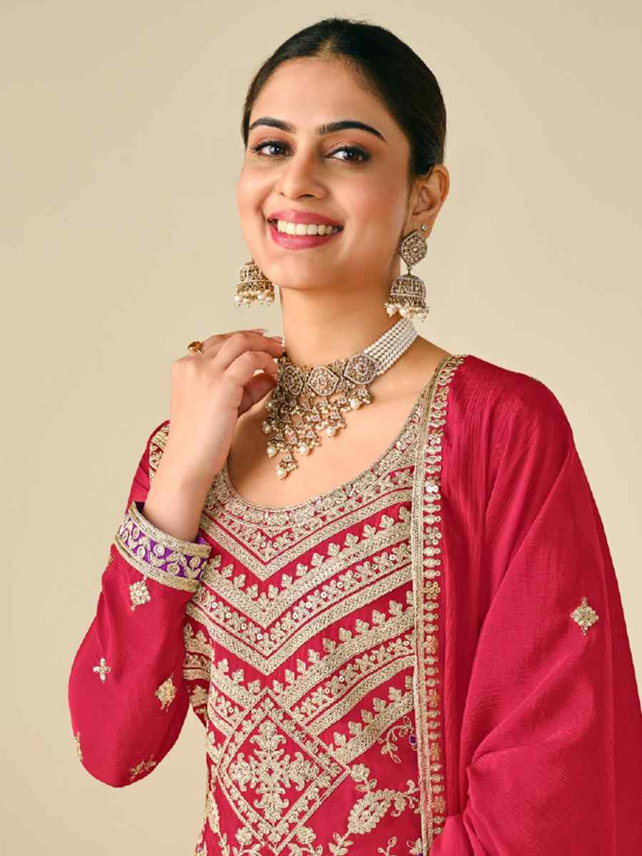 Pink Heavy Premium Chinon Embroidered Festive Wedding Ready Palazzo Pant Salwar Kameez