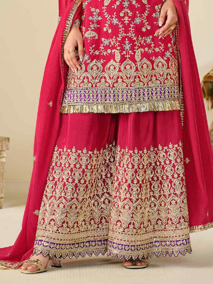 Pink Heavy Premium Chinon Embroidered Festive Wedding Ready Palazzo Pant Salwar Kameez