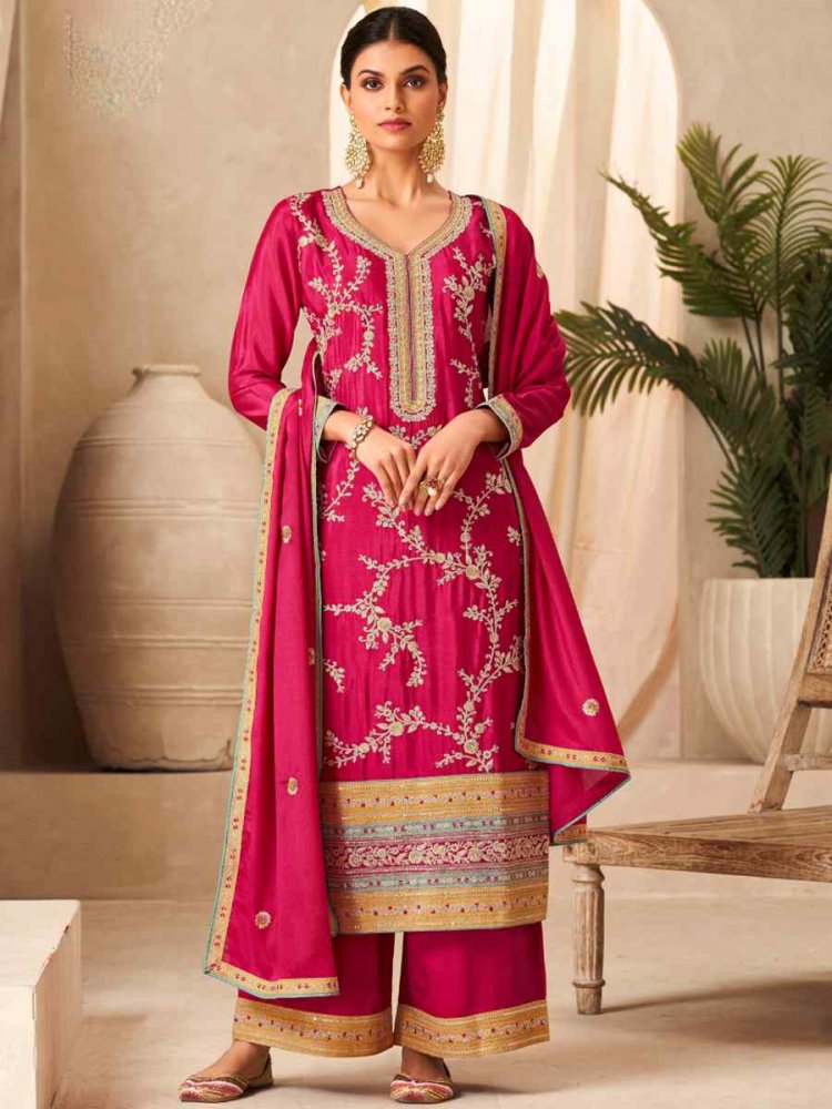 Pink Heavy Premium Chinon Embroidered Festival Party Ready Palazzo Pant Salwar Kameez